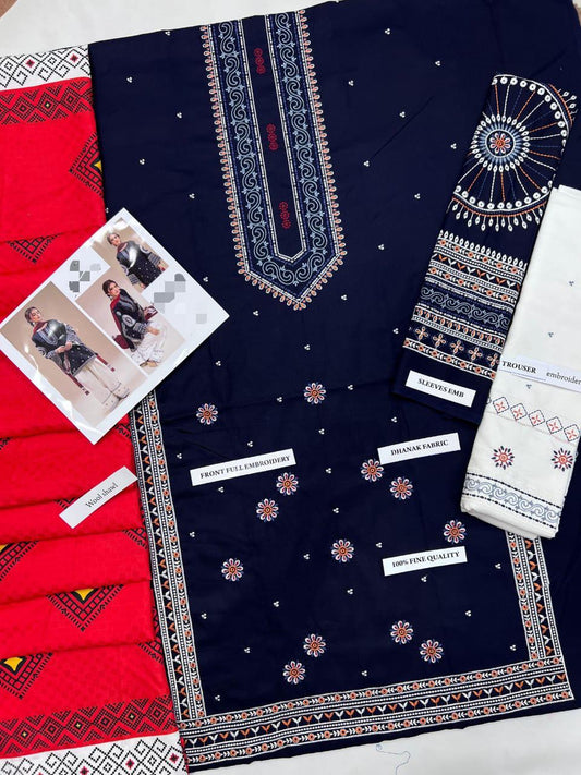 Ethnic - 3PC Dhanak Embroidered Suit (Unstitched)