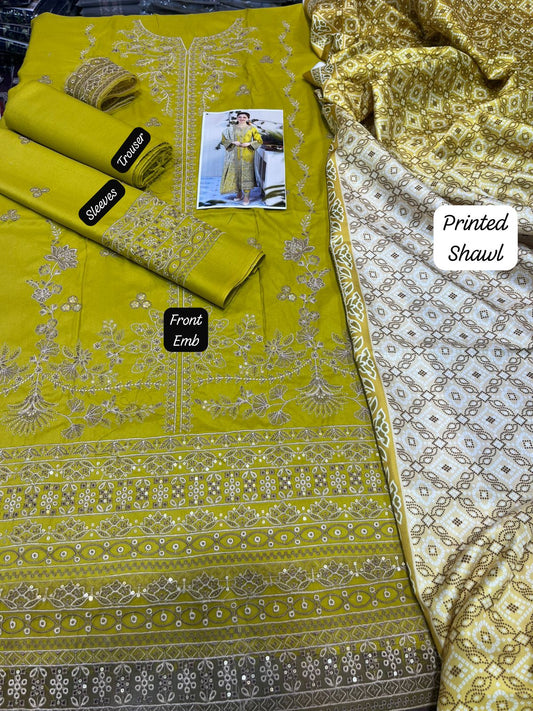 3 Piece Unstitched Embroidered Winter Dhanak Suit