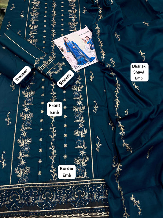 DHANAK 3 PIECE UNSTICHED FULL HEAVY EMB SUIT WITH HEAVY EMB SHAWL FOR WINTER 2025-26