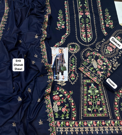 DHANAK 3 PIECE UNSTICHED FULL HEAVY EMB SUIT WITH HEAVY EMB SHAWL FOR WINTER 2025-26